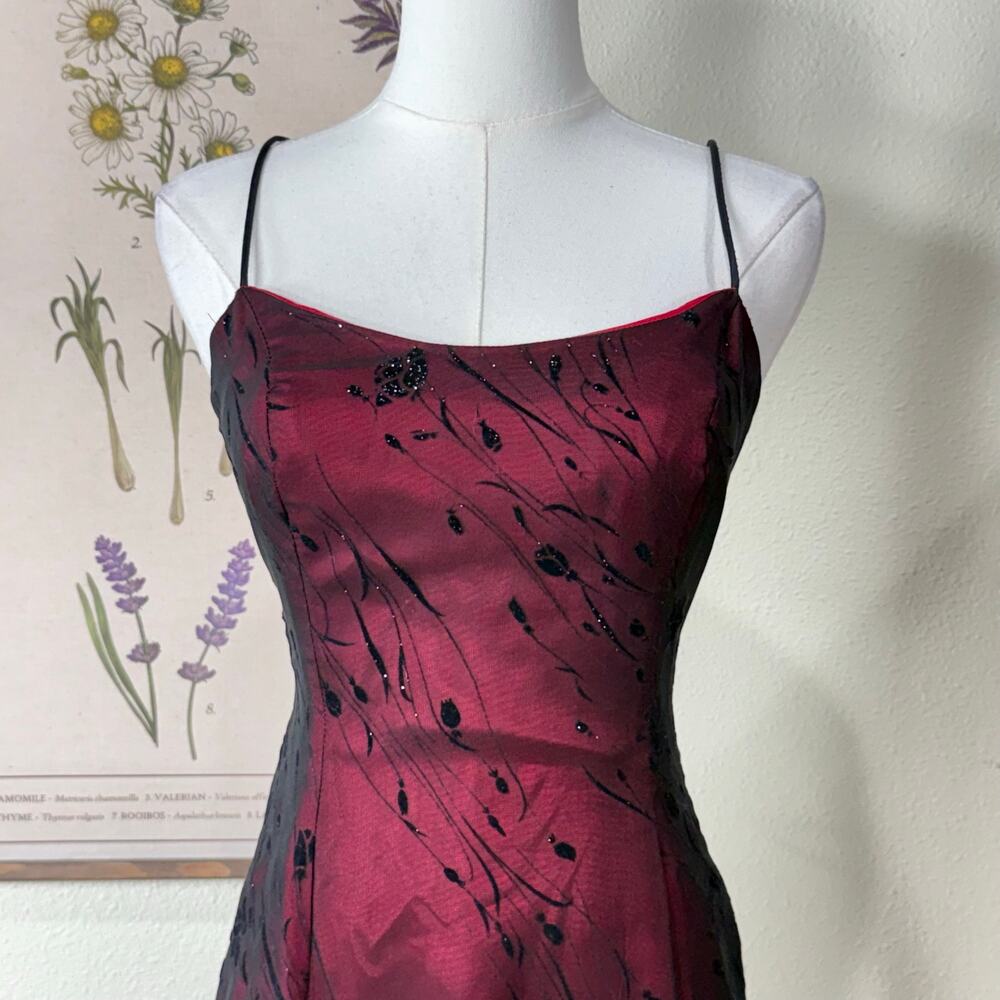 90s Y2k Glitter Velvet Floral Tie Back Formal Dress Whimsigoth Dark Fairy XS S - Picture 2 of 8